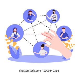 Building team with members selection for work project tiny persons concept. Professional recruitment and hiring with specific skills for job vector illustration. Successful business teamwork planning.