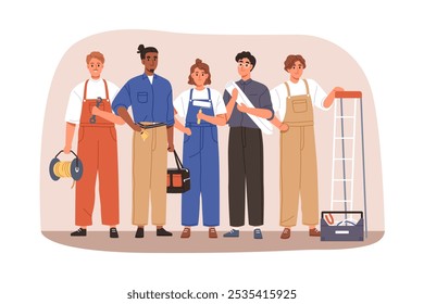 Retrato de equipe de construção. Construtores, empreiteiros, trabalhadores de diferentes profissões. Brigada de reparos, equipe de construção com capataz, reparadores. Ilustração de vetor plano isolada no plano de fundo branco