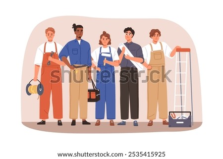 Building team portrait. Builders, contractors, workers of different professions. Repair brigade, construction crew with foreman, repairmen. Flat vector illustration isolated on white background
