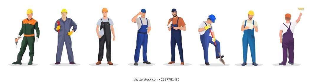 Equipo de construcción con cascos protectores aislados en fondo blanco. Conjunto de personajes de trabajadores industriales con uniforme diferente. Colección de profesión en obras o obras de renovación. Ilustración del vector