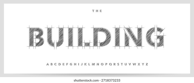 Proyecto técnico de construcción Logo Alfabeto Vector Sketch Bold Stencil Letters Set Tipografía de arquitectura moderna, diseño tipográfico creativo para texto de arquitecto, titular de póster. Tipografía de Vector