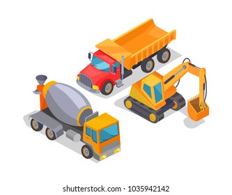 Building technique set, color vector illustration, two trucks and one crawler, special building machines collection, concrete mixer, cargo vehicle