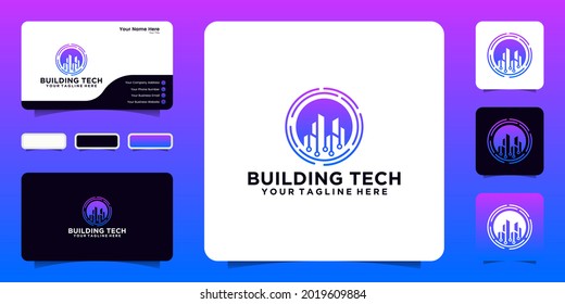 Design-Logo für Gebäudetechnologie mit rotierenden Verbindungsleitungen und Visitenkartendesign