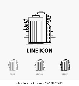 Building, Technology, Smart City, Connected, internet Icon in Thin, Regular and Bold Line Style. Vector illustration