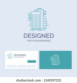 Building, Technology, Smart City, Connected, internet Business Logo Line Icon Symbol for your business. Turquoise Business Cards with Brand logo template