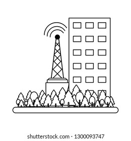 Building and telecommunication antenna black and white