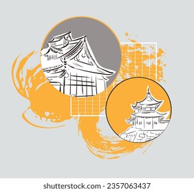 building temple yellow  japanese chinese traditional vector illustration card background colorful watercolor ink textured
