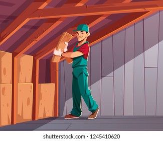 Building thermal or acoustic insulation, dwelling heat loss minimizing cartoon vector illustration. Construction company worker putting mineral wool between wood beams in house walls or roof overlap