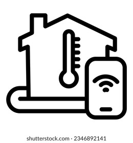 Building and thermometer with smartphone line icon, smart home symbol, remote heating control vector sign on white background, Mobile with house icon in outline. Vector.