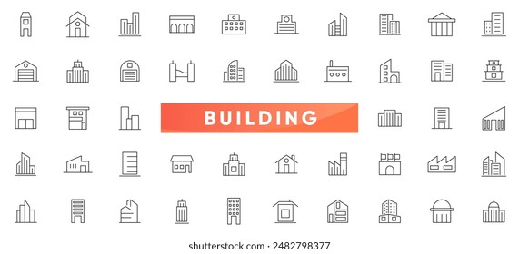 Building thin line icon set. Apartment, Industrial, house, hospital, restaurant, city, home, hotel, apartment, mall, coffee shop, land mark, historical place and place outline iocn collection.