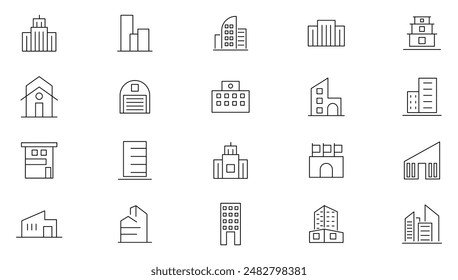 Building thin line icon set. Apartment, Industrial, house, hospital, restaurant, city, home, hotel, apartment, mall, coffee shop, land mark, historical place and place outline iocn collection.