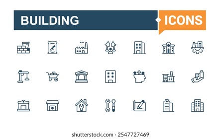 Building thin line icon set. Contains related to construction, residential, supermarket, housing, skyscraper and more. Simple line vector. Solid line editable vector illustration.