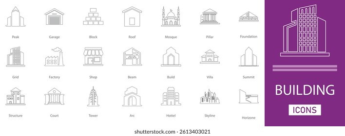Building thin line icon set. with  hotel, villa, shop, Build, Arc, factory and more line icons. stroke art
