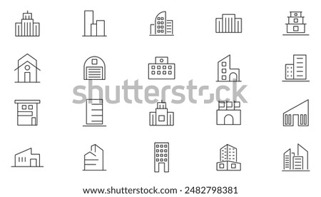 Building thin line icon set. Apartment, Industrial, house, hospital, restaurant, city, home, hotel, apartment, mall, coffee shop, land mark, historical place and place outline iocn collection.