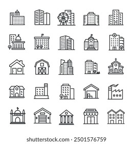 Building thin line icons collection. For website marketing design, logo, app, template, ui, etc. Vector illustration.