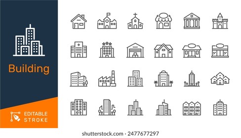 Building thin line icons. Editable stroke. Pixel perfect.
