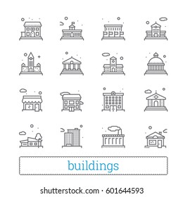 Building Thin Line Icons. Public, Government, Education & Personal Houses. Modern Linear Vector Design Elements Of Places For Maps, Web Interface & Mobile Services. Isolated On White.