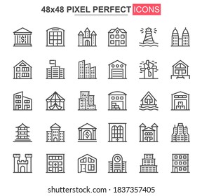 Construyendo conjunto de iconos de línea delgada. Inmobiliaria, ingeniería y construcción, íconos de diseño únicos. Los servicios de compra, hipoteca y alquiler describen el paquete vectorial. Paquete de pictograma lineal perfecto de 48x48 píxeles.