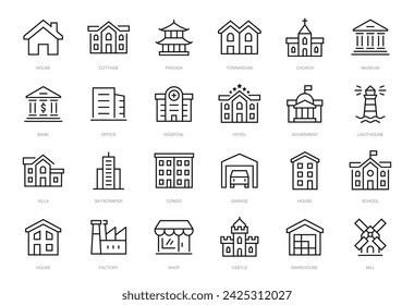 Creación de iconos de línea fina. Edificio, Arquitectura, Casa, Hospital, Oficina, Escuela, Banco, Iglesia, Hotel editable trazo icono. Vector