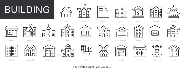 Building thin line icons set. House, office, building, architecture, city, hospital, school, bank, church, hotel icon. Editable stroke. Vector