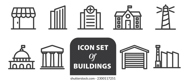 Building thin line web icon set. Black outline icons collection. vector illustration.