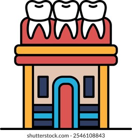 A building with three sets of teeth on it. The building is yellow and red. The teeth are white and are arranged in a row
