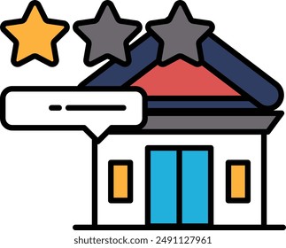 A building with three stars on top and a speech bubble below. The speech bubble says "It's important not just write what is on image, but also write concept