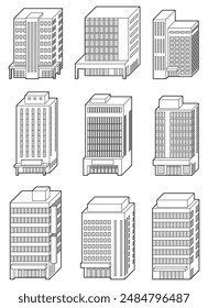 Building three-dimensional vector illustration. Line drawing.