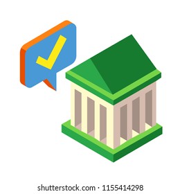 Building with a tick mark bubble vector illustration in isometric design
