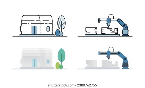 construcción de casas diminutas por impresión 3D con conjunto de ilustraciones automáticas