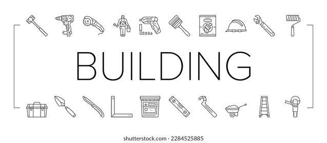 building tool hammer repair drill icons set vector. home saw, construction screwdriver, house work, builder paint brush wrench, carpentary building tool hammer repair drill black contour illustrations