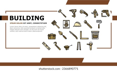 herramienta de construcción martillo reparación taladro aterrizar Vector de página web. sierra doméstica, destornillador de construcción, trabajo doméstico, pincel de pintura de constructores, llave, herramienta de construcción carpentaria martillo de reparación de taladro Ilustración