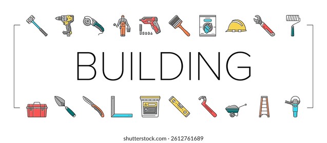 building tool hammer repair drill icons set vector. home saw, construction screwdriver, house work, builder paint brush, wrench, carpentary building tool hammer repair drill color line illustrations