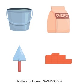 Building tool icons set cartoon vector. Trowel, brick, bucket and cement bag. Construction equipment