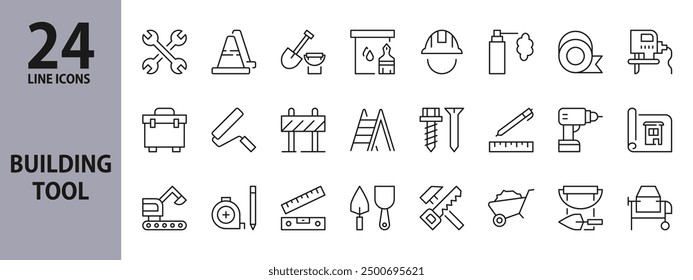 Building Tool line icons set with Builder, Tool, Helmet, Construction, Ladder, Concrete Mixer, Shovel, Spanner, Ruler, Saw, Excavator and more. Editable Stroke