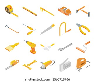 Building tool set of isometric icons and isolated images of professional instruments and pieces of equipment vector illustration