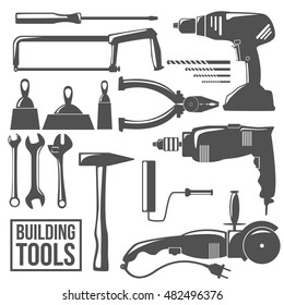 Building tool set repare metall vector silhouette illustration. Black isolated on white background.