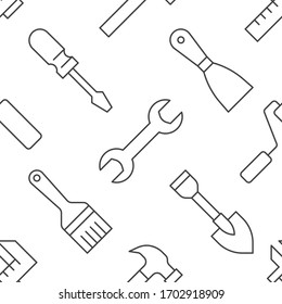 Fondo de las herramientas de construcción, equipo de reparación de patrón sin fisuras con iconos de línea plana de pincel, llave, destornillador, martillo y otros. La construcción funciona ilustración vectorial color blanco negro.