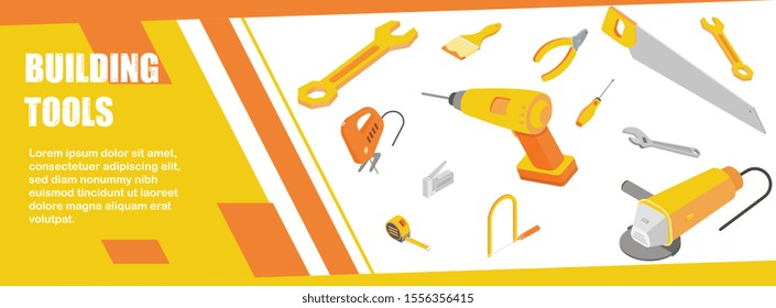 Building tools banner isometric background with editable text and isolated images of flying instruments construction equipment vector illustration