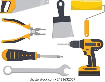 Building tools consist of pliers, saw, paint brush, screwdriver, drill machine, and wrench with vector shapes