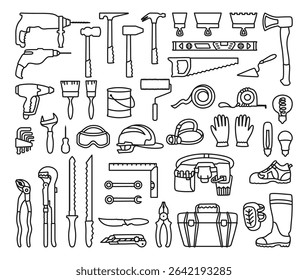 Building tools construction equipment cartoon simple icon set. Hardware for repair works construction industry collection. Symbol tools for home repairs tool box kit mechanic plumber isolated vector