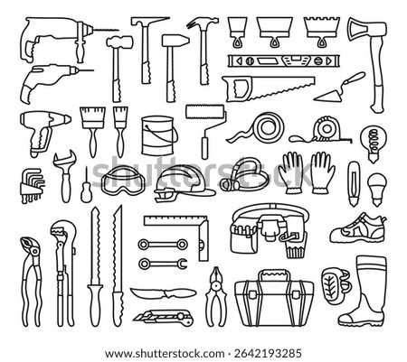 Building tools construction equipment cartoon simple icon set. Hardware for repair works construction industry collection. Symbol tools for home repairs tool box kit mechanic plumber isolated vector