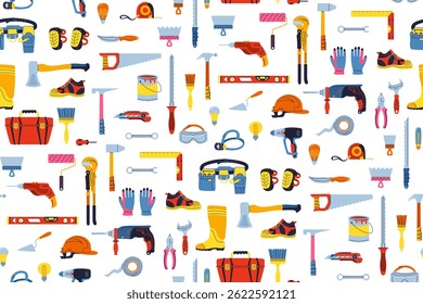 Building tools construction equipment seamless pattern. Hardware for repair finishing works house construction industry trendy boundless background. Endless design paper print, fabric wrapper template