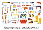 Building tools construction equipment set cartoon illustration. Hardware for repair works construction industry collection. Tools for home repairs tool box kit mechanic plumber service isolated vector