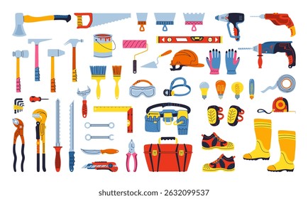Building tools construction equipment set cartoon illustration. Hardware for repair works construction industry collection. Tools for home repairs tool box kit mechanic plumber service isolated vector