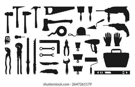 Building tools construction equipment set silhouette illustration. Hardware for repair works service construction industry black kit. Hammer axe tools for home repairs tool box cartoon isolated vector