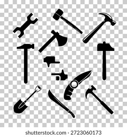 Herramientas de construcción equipo de construcción conjunto silueta ilustración. Hardware para trabajos de reparación de servicio de la industria de la construcción negro kit. Herramientas de hacha de martillo para reparaciones caseras Vector aislado sobre fondo transparente. 