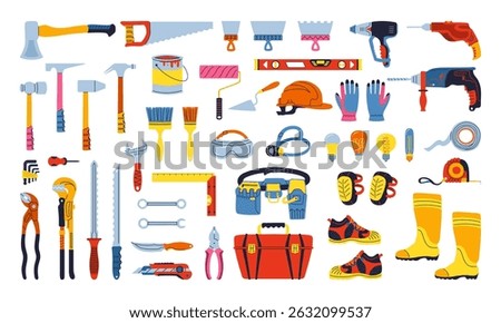 Building tools construction equipment set cartoon illustration. Hardware for repair works construction industry collection. Tools for home repairs tool box kit mechanic plumber service isolated vector