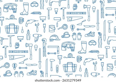 Herramientas de construcción de equipos de construcción de patrón simple sin fisuras. Reparar trabajos de acabado. Industria de la construcción de casas de moda sin límites de fondo. Plantilla de envoltura de tela de impresión de papel de diseño de línea sin fin