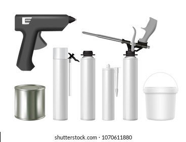 Building tools and construction foam, sealant, glue containers. Vector realistic illustration isolated on white background. Building material packaging mockup set.